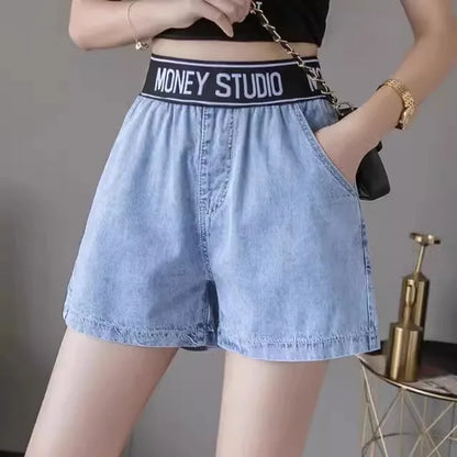 Calça Jeans Feminina Plus Size Folgada Cintura Alta Perna Larga Azul Claro Elástico na Cintura Cordão Calças Outono Moda Plus Size