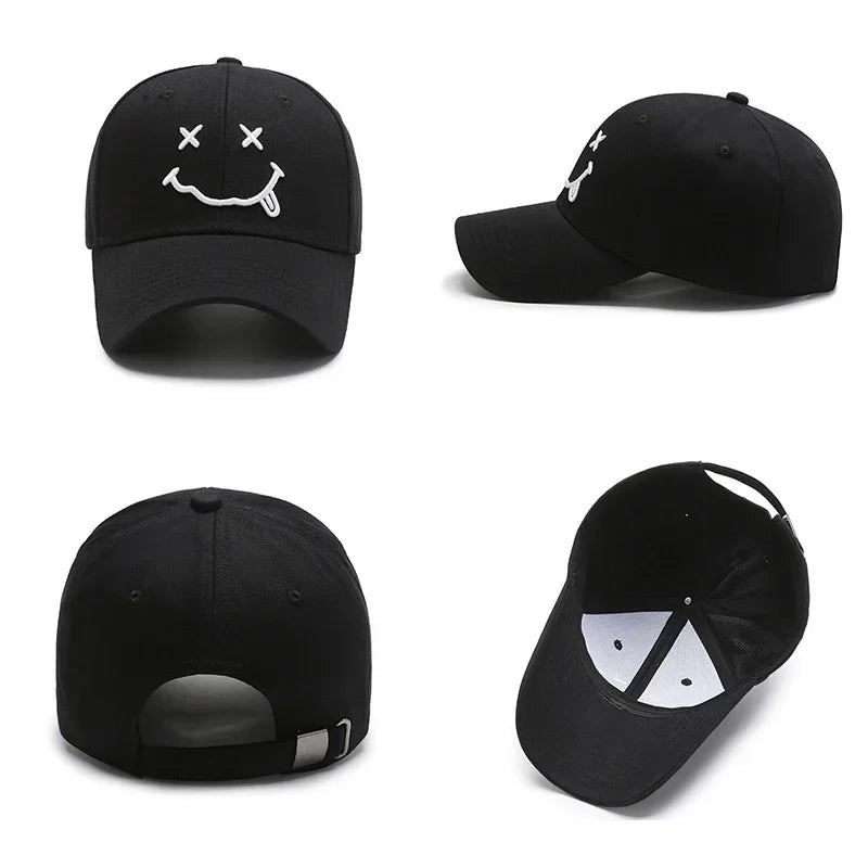 Women's Smiley Face Embroidery Baseball Caps Kpop Black Cotton Adjustable