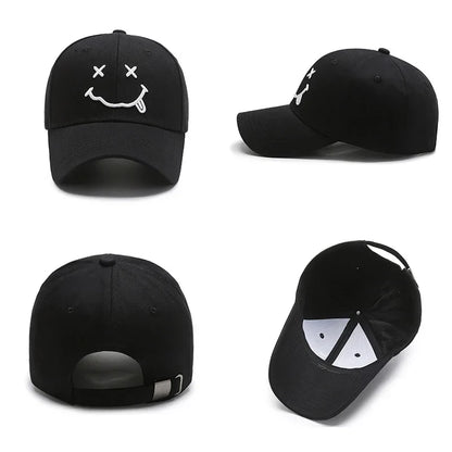 Women's Smiley Face Embroidery Baseball Caps Kpop Black Cotton Adjustable