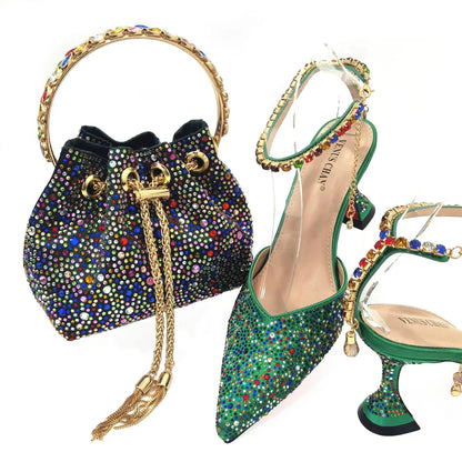 Italian Design Luxury Women's Pointed Shoes And Bag Set Blue Full Diamond Decoration Shoes for Party