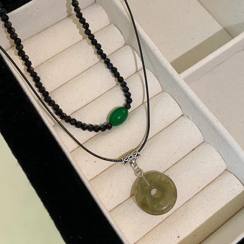 2 Pcs Vintage Peace Buckle Pendant Necklaces Natural Stone Beads Chains Choker Necklace Set Women Men Chinese Style Jewelry