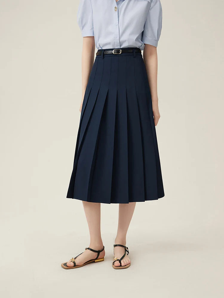 2025 New Arrival Women Zipper Waist Office Lady Elegant Grey Skirt Pleated Design Navy Blue Color Long Skirt Daily Outfits
