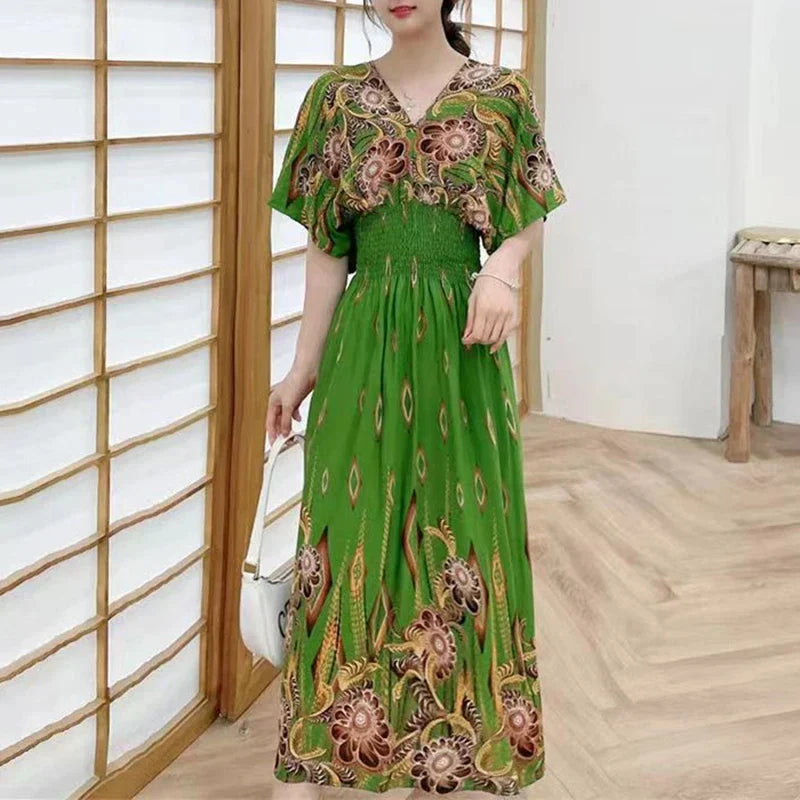 Flower V-neck Elastic Youthful Bohemian Sweet Midi Dress Woman Clothes Chic Fashion Summer Dresses 2025 Large Swing Ski