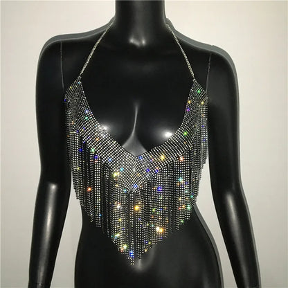 Bling Rhinestones Tassel Party Crop Top Woman Fashion Halter Neck Backless Design Full Diamond Sequins Nightclub Clubwear