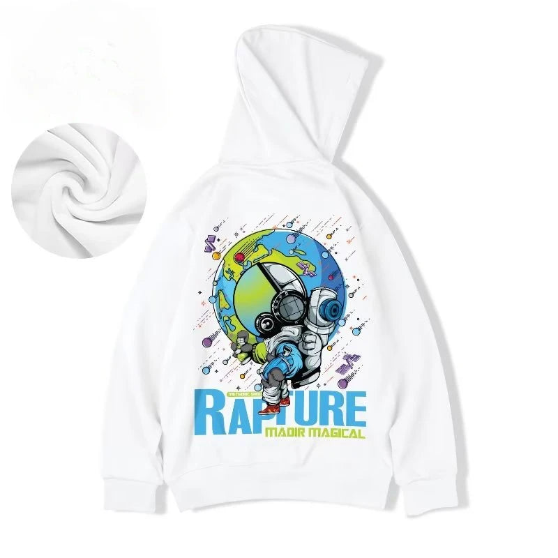 M-8XL Oversized Hoodies Men American Cartoon Astronaut Print Hoodie Loose Student's Large Soft Velvet Hooded Sweater