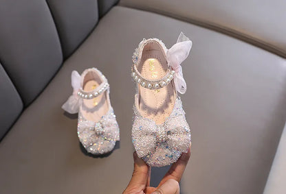 Toddler Girl's Princess Shoes Sequins Lace Bowknot 21-36 Children Mary Janes Three Colors Luxury Trendy Party Kids Shoes Flats