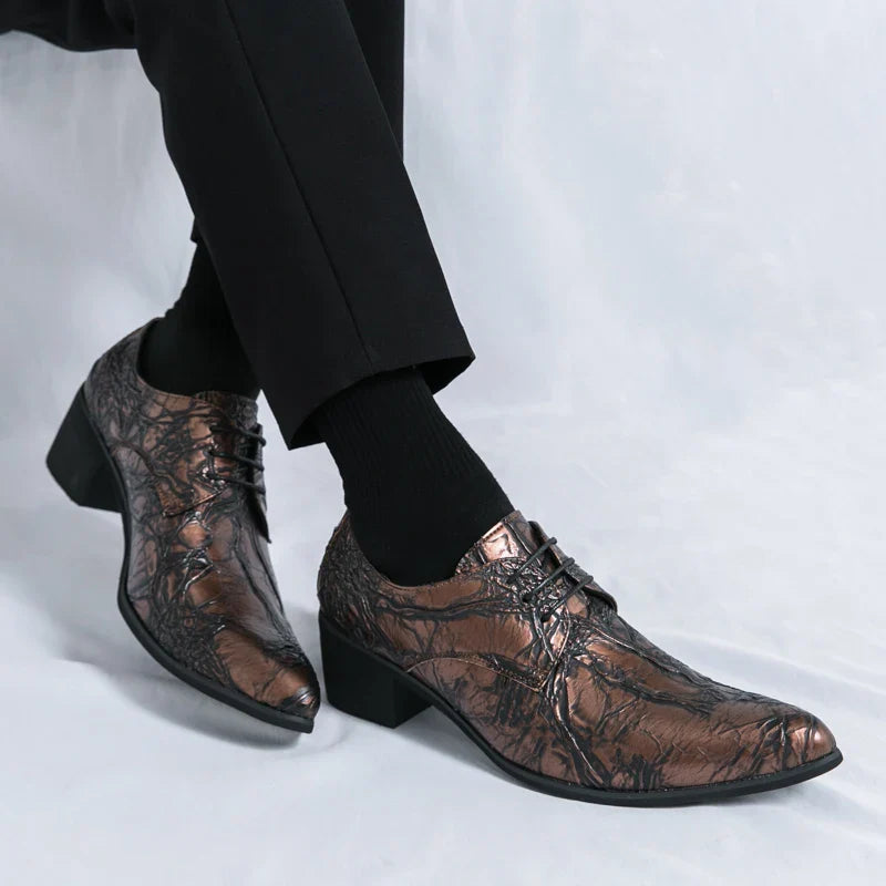 Men High Heeled Lace Up Derby Shoes PU Embossed Fashionable  Comfortable Business Formal Banquet Men Shoes