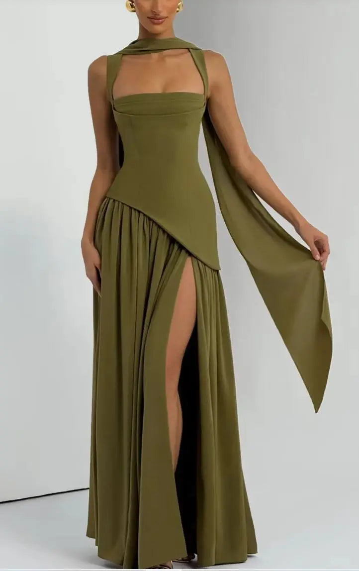 Summer Elegant Olive Green Maxi Dress for Women Flowy Long Dress with Scarf Birthday Party Beach Graduation dress