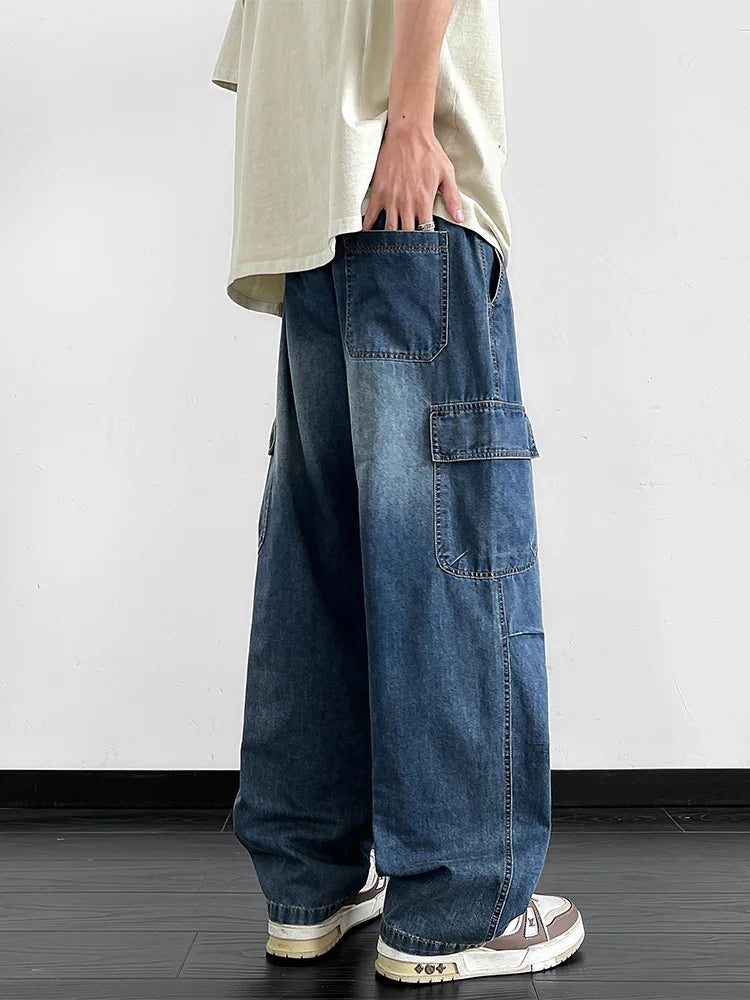 Men's Cargo Jeans with 5 Pockets Spring Summer All-Day Wide Leg Straight Baggy Jeans Brushed Warm Denim Pants Asian Size L-6XL