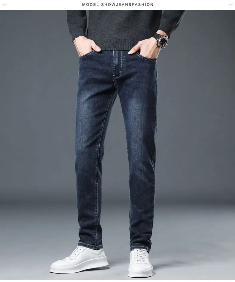New Autumn/winter 2025 Stretch Wash Jeans for Young Men with Small Straight Elastic WaistJeans Pants Fashion Men's Trousers