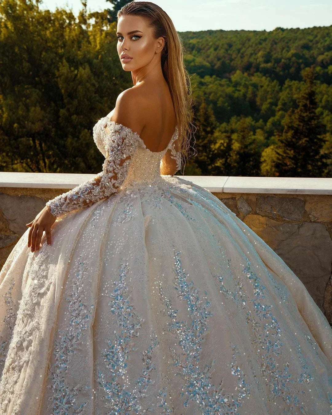 Customized Ball Gowns Beaded Appliques Sequins Off Shoulder Wedding Dress  Long Sleeve Pleat Sweep Train Bridal Dresses