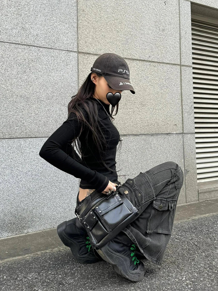 Black Low Waist Cargo Jeans 2000s Distressed Whiskers Multi-pocket Stretch Bootcut Pants Women Retro Grunge Streetwear