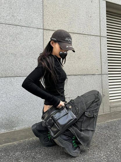 Black Low Waist Cargo Jeans 2000s Distressed Whiskers Multi-pocket Stretch Bootcut Pants Women Retro Grunge Streetwear
