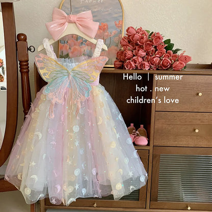 Korean Style New Summer Baby Girl Princess Dress Square Collar Mesh Sleeveless Dresses Children Clothing E23076