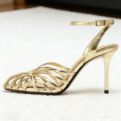 Sexy Gold Hollow Narrow Band High Heel Sandal Women Fashion Ankle Strap Buckle Thin Heel Designer Shoe Elegant Dinner Dress Shoe