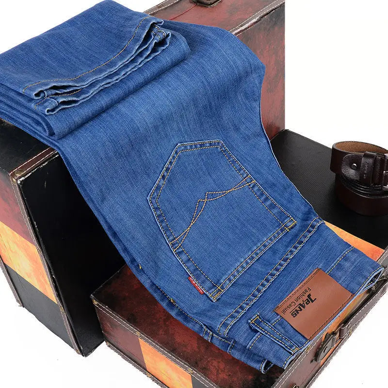 New style jeans, men's slim fit, Korean style comfortable straight leg elastic gray mid waist pants, men's casual denim pants