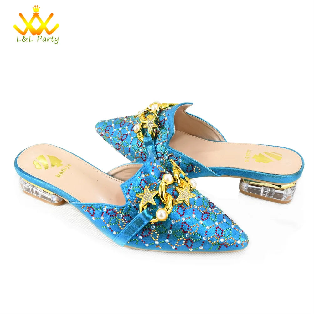 Low Heels Comfortable Sweet Style Italian Design Shoes Matching Bag Set in Orange Color High Quality with Crystal for Dress