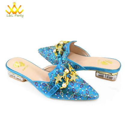 Low Heels Comfortable Sweet Style Italian Design Shoes Matching Bag Set in Orange Color High Quality with Crystal for Dress