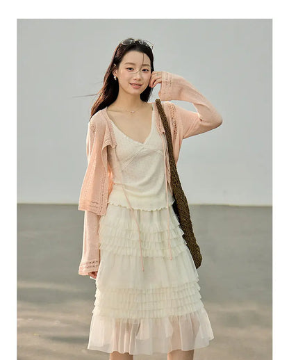 Korean Style Lace Elastic Waist Cake Skirt Mesh Puffy Skirt Women's Dress Knee Length Casual A-Line Skirt Micro Stretch No Slit