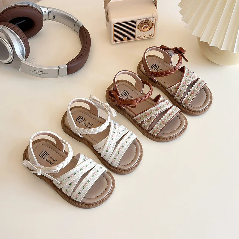 Summer Girl's Sandals Braided Flower Classic Trendy Vintage Kids Sliders Beige Brown Open Toe Holiday Pu Leather Children Shoes