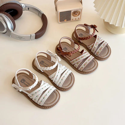 Summer Girl's Sandals Braided Flower Classic Trendy Vintage Kids Sliders Beige Brown Open Toe Holiday Pu Leather Children Shoes