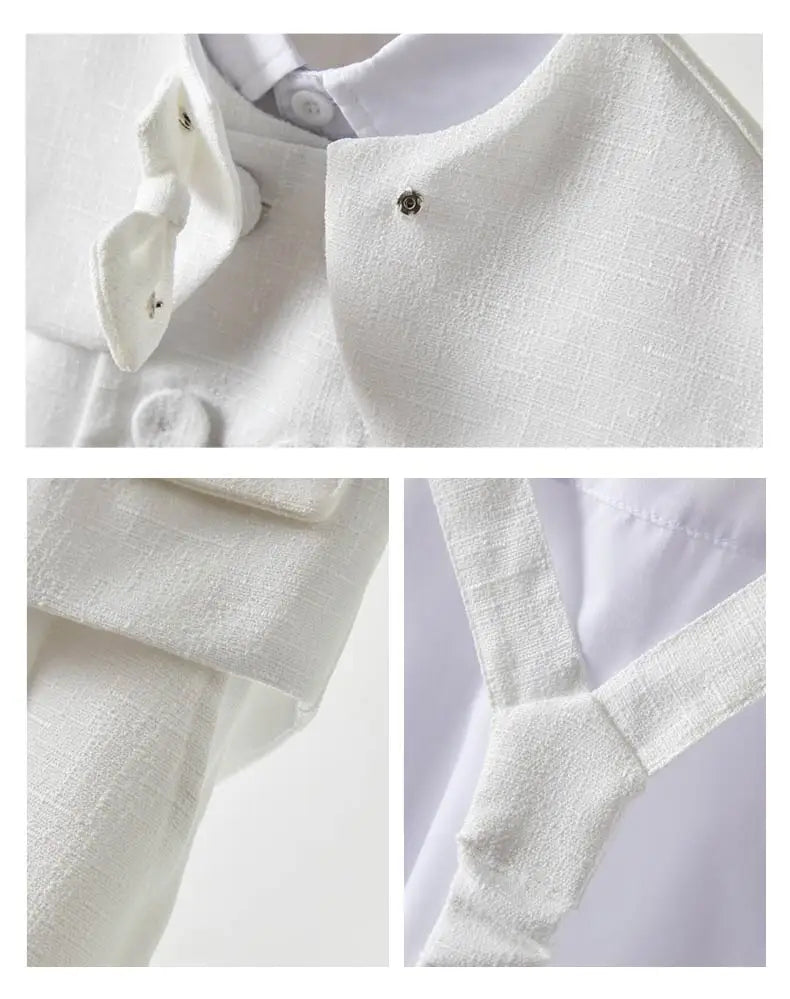 Boys White Linen Suit Set Summer Short Sleeve shawl  Vest & suspenders Shorts Gentleman Outfit for Wedding Party Occasions