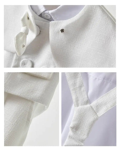 Boys White Linen Suit Set Summer Short Sleeve shawl  Vest & suspenders Shorts Gentleman Outfit for Wedding Party Occasions