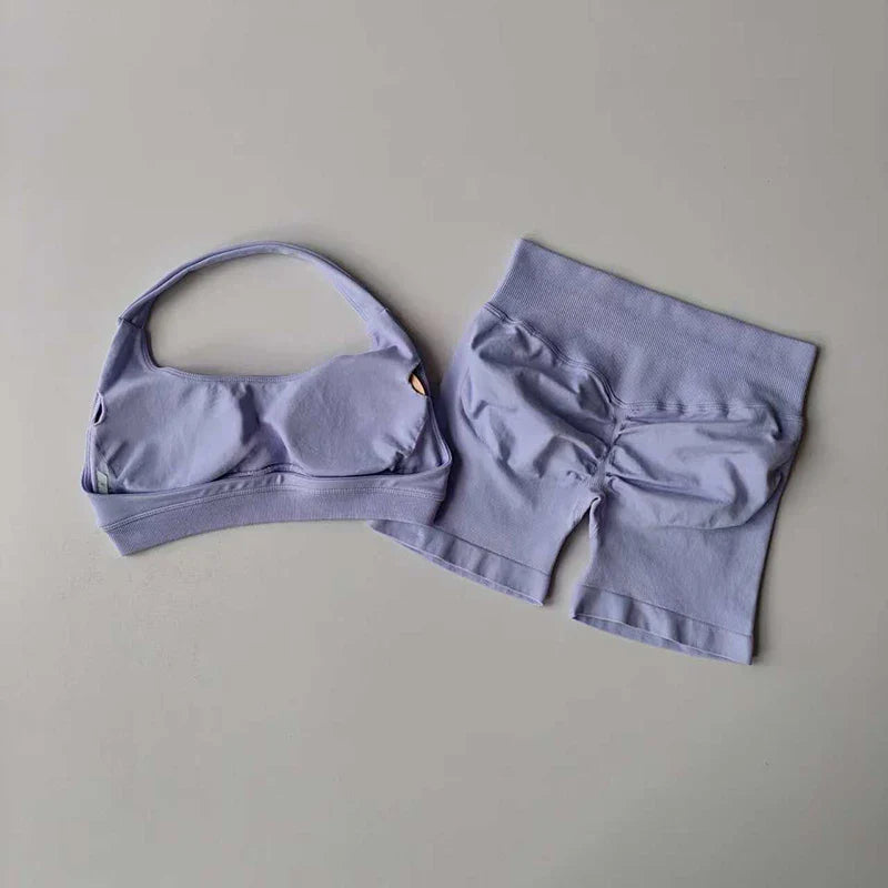 Sexy Halter Neck Beautiful Back High Waist Peach Sports Bras Shorts Suit Pilates Gathering Yoga Vest Training Fitness Bra Sets