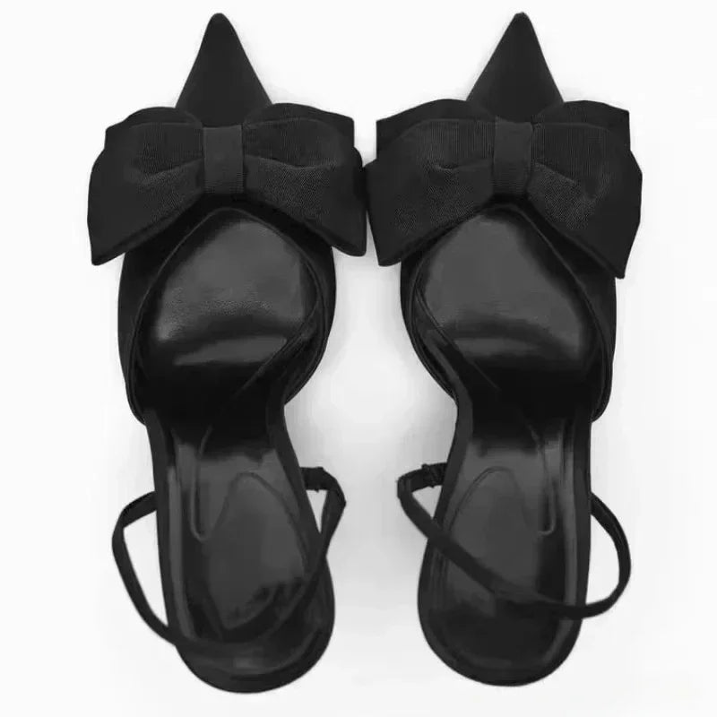 Luxury Silver High Heeled Sandals Women Sexy Pointed Toe Back Strap Thin Heels for Women Elegant Bow Design Banquet Dress Shoes