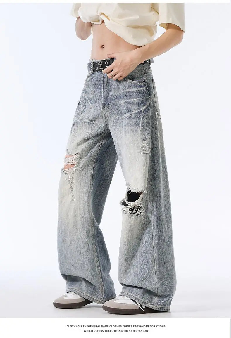 Male Ripped Pants Stretch Solid Blue Casual Men's Wide Leg Trousers Office Work Denim Pants Autumn Korean Vintage Straight Pants