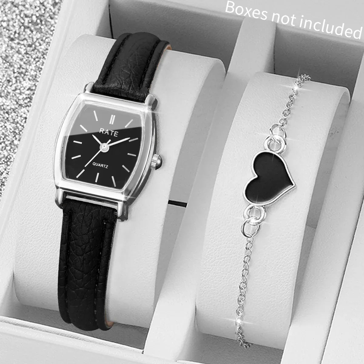 2PCS Fashion Leather Strap Quartz Wristwatches Set With Heart Bracelet Casual Simple Dial For Ladies Clock(Without Box)