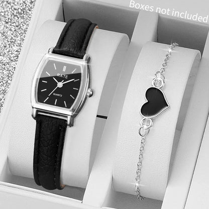 2PCS Fashion Leather Strap Quartz Wristwatches Set With Heart Bracelet Casual Simple Dial For Ladies Clock(Without Box)