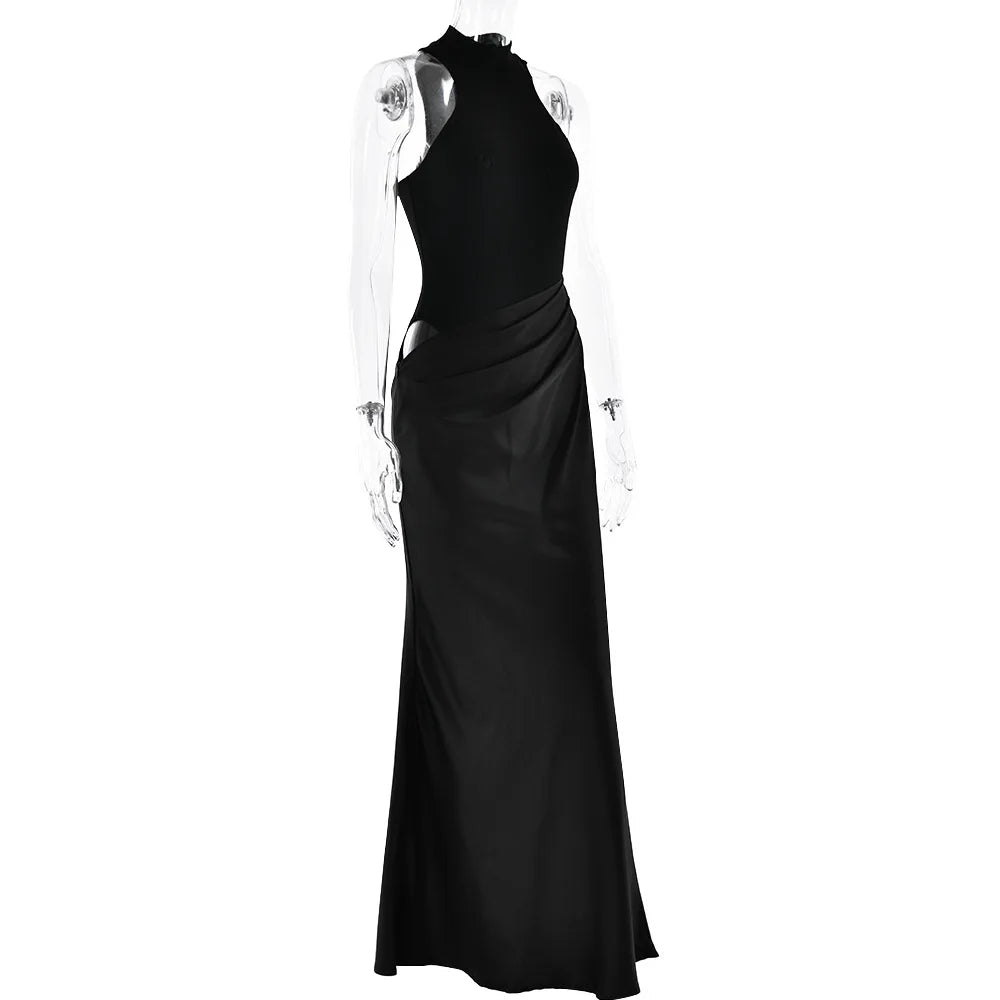 Satin Sexy Hollow Out Women Maxi Dress Black Sleeveless High Waist Dress Female Autumn Skinny Elegant Party Clubwear