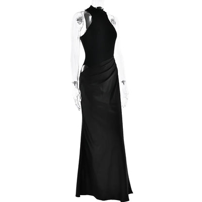 Satin Sexy Hollow Out Women Maxi Dress Black Sleeveless High Waist Dress Female Autumn Skinny Elegant Party Clubwear