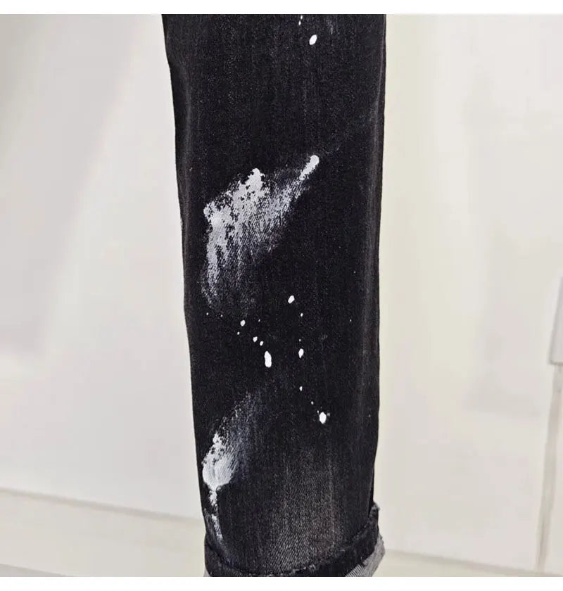 Street fashion men's black gray jeans, high-quality stretch slim fit painted corrugated jeans designer retro hip-hop brand pants