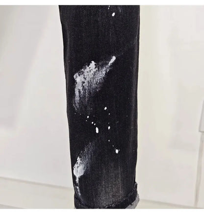 Street fashion men's black gray jeans, high-quality stretch slim fit painted corrugated jeans designer retro hip-hop brand pants