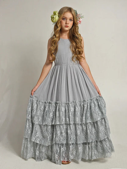 Princess Girls Lace Bohemia Long Dresses Baby Kids Flower Wedding Party Dress Cotton Lining Vestidos Costume Children Clothing