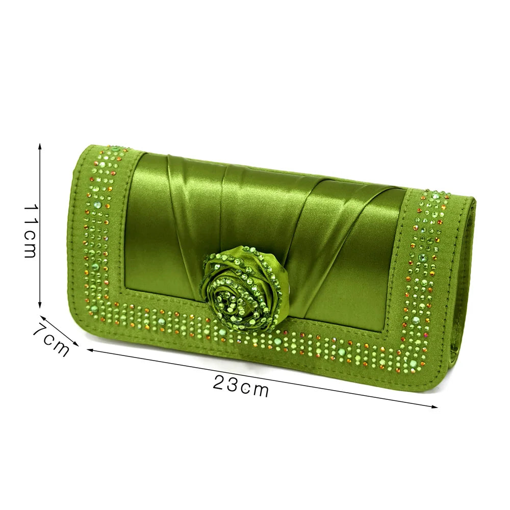 Elegant Rhinestone-Embellished Brown Heeled Shoes and Handbag Set for Women with Floral Decoration – Perfect Small Size Fashion