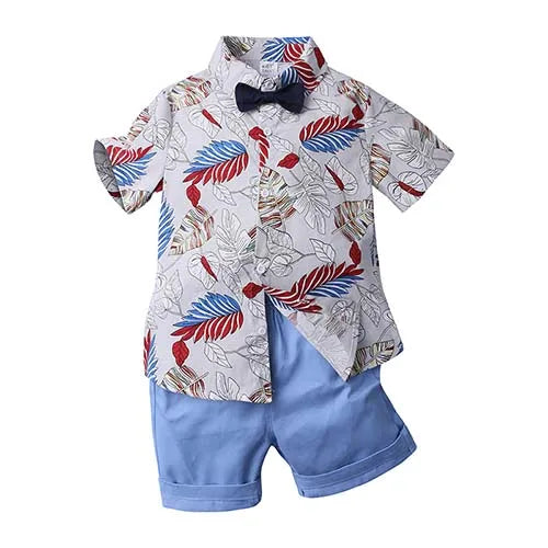 2026 Gentleman  Kids Boys Party Clothing Set Print Hawaii Style Short Sleeve Shirt +Short Pants Formal Suit Seaside Outfits 2Pcs