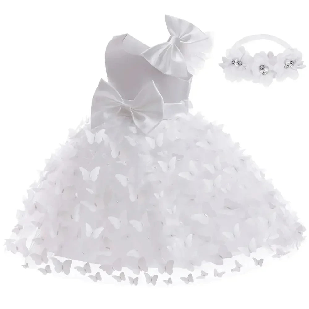 Vestido Borboleta Branco e Rosa de Verão para Meninas Vestido de Noiva de Tule Roupa de Batizado Roupa de Bebê Menina 1º Aniversário