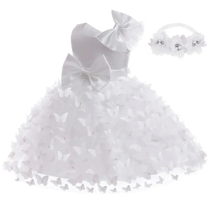 Vestido Borboleta Branco e Rosa de Verão para Meninas Vestido de Noiva de Tule Roupa de Batizado Roupa de Bebê Menina 1º Aniversário