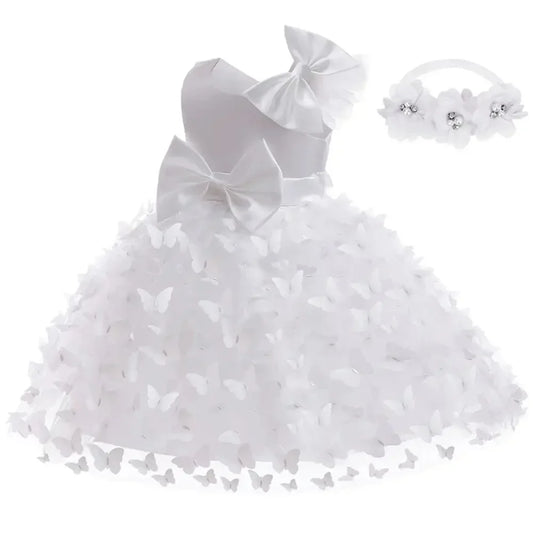 Summer White and Pink Butterfly Dress for Girls Tulle Wedding Dress Baptismal Ceremony Costume Baby Girl Clothes 1st Birthday