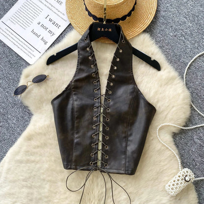 New Sexy Crop Top Inside Women Black PU Leather Rope Strap Hollow Out Punk Style Tank Tops Vest Fashion Backless Club Party Wear