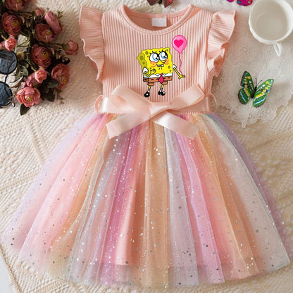 Sweet Girls Flying Sleeves Bow Sequin Dress Kids Baby Girl Birthday Party Fluffy Tutu Princess Dress 1-5Y