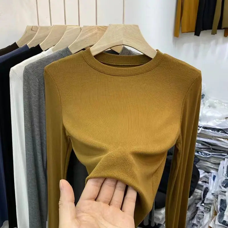Outono Escritório Senhora Básica Gola Redonda Slim T-Shirt Feminina Cor Sólida Multicor Tendência Versátil Casual Top Manga Longa Elástico Canelado