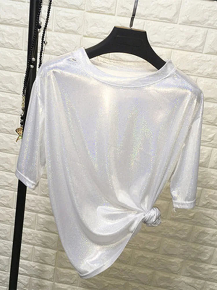 Summer woman tops shiny loose short sleeve t-shirt sexy club aesthetic harajuku women stylish bright silk tshirt
