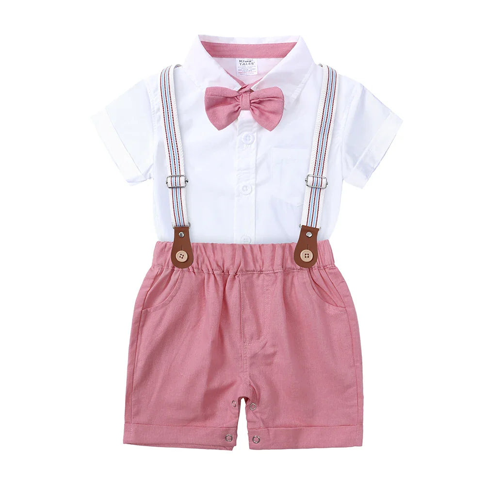 2026 Baby Boy Formal Birthday Outfit Suit Toddler Gentleman Clothes Infant Short Sleeve Bowtie Shirt+Suspender Pants Casual Sets