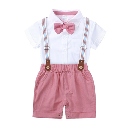2026 Baby Boy Formal Birthday Outfit Suit Toddler Gentleman Clothes Infant Short Sleeve Bowtie Shirt+Suspender Pants Casual Sets