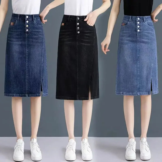 Chubby High Waist Female Jeans Skirts Blue Women's Denim Skirt with Pocket Midi To Knees Length 2025 Trend New in Y2k Vintage V