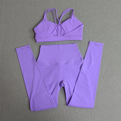2 Pcs Women's Gym Tights Yoga Sports Set High Waist Leggings Cross Back Bra Top Fitness Running Workout Tracksuit